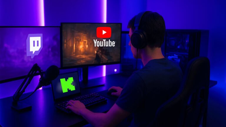 Gamer transmitindo live stream de jogos em múltiplas plataformas como Twitch, YouTube Gaming, Kick, Trovo e TikTok Live