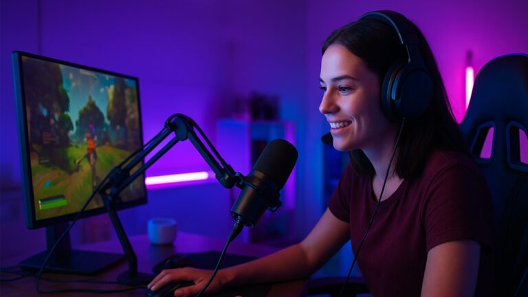 Streamer mulher jogando e transmitindo ao vivo em setup gamer iluminado com luzes neon.