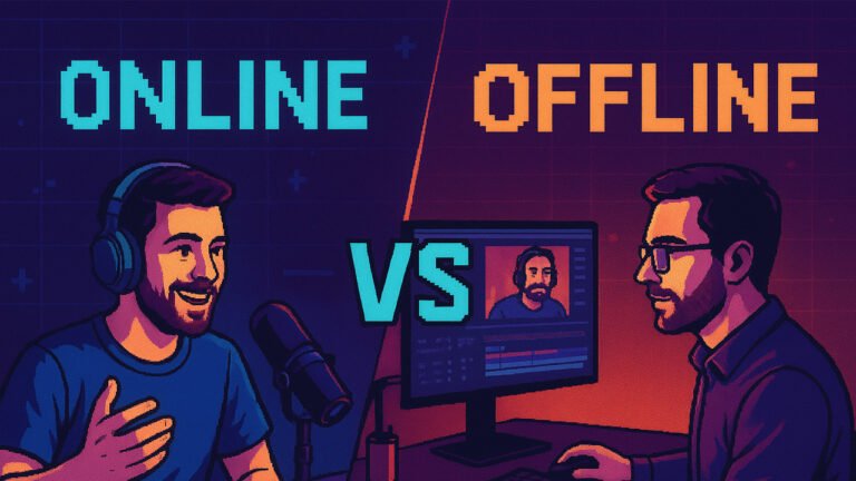Criador de conteúdo dividindo telas entre uma live ao vivo e edição de vídeo offline.