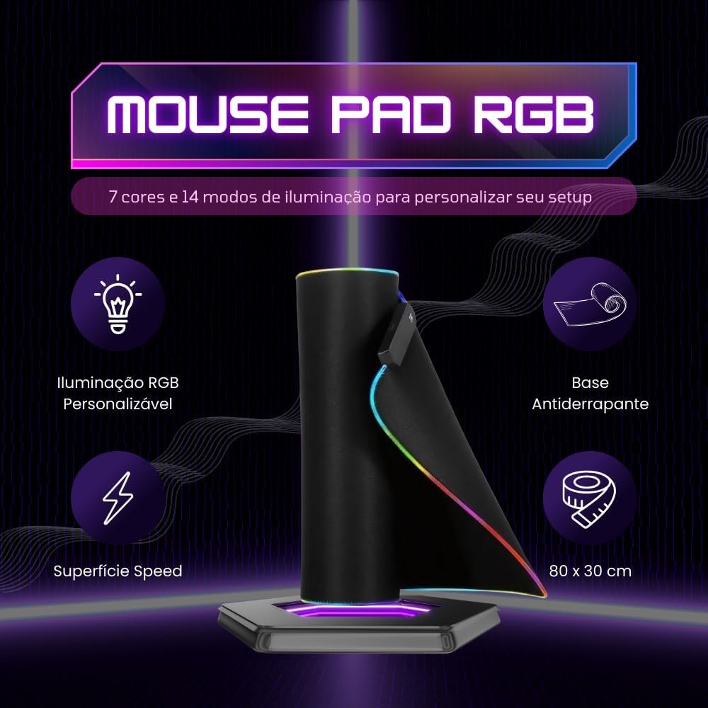 Mouse Pad Gamer RGB Led 80x30 Grande Speed Antiderrapante Base Emborrachada rgb